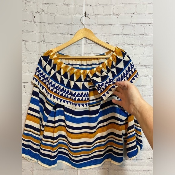 Chicos Off-The-Shoulder Top Womens Size 4 (XXL) Blue Yellow White Striped - Picture 3 of 9